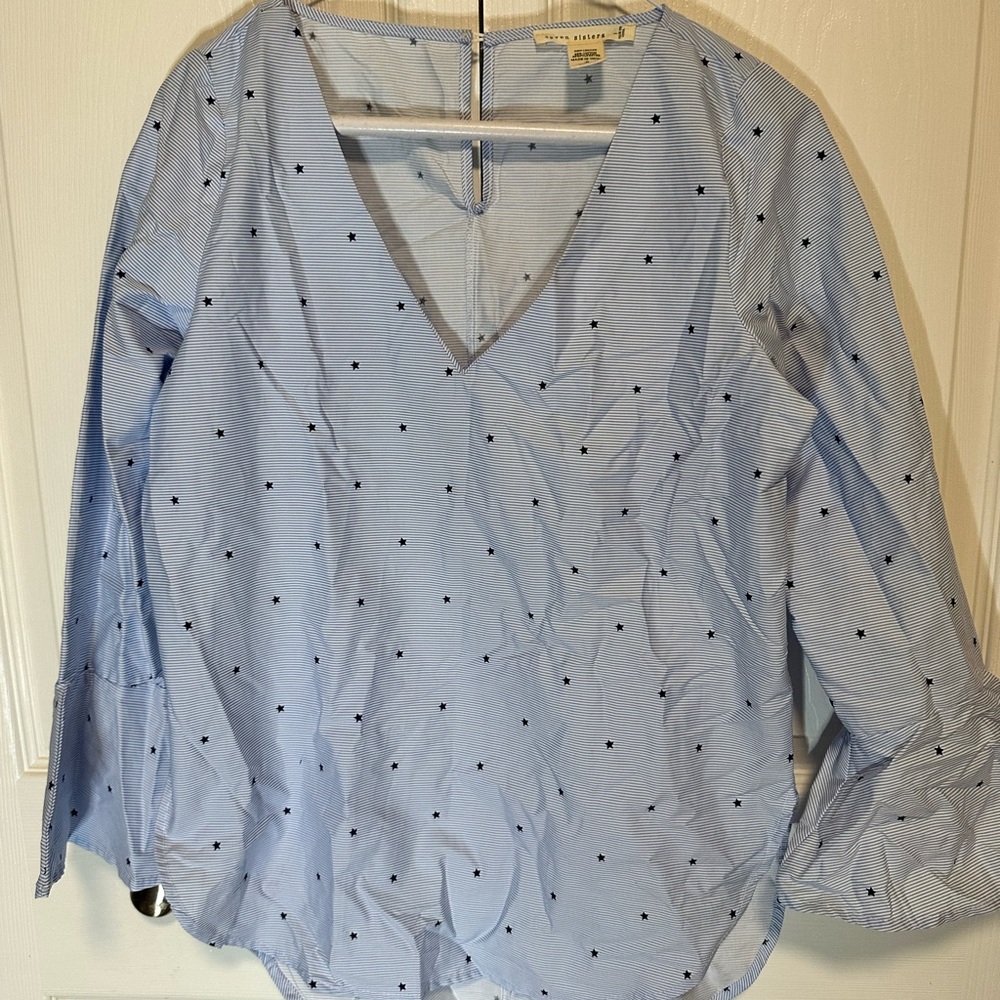 J. Crew Light Blue V-Neck Blouse with Star Details
